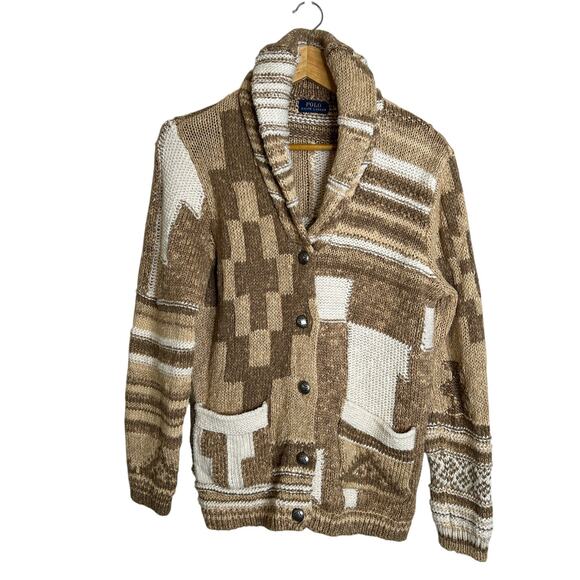Polo Ralph Lauren Womens Patchwork Aztec Linen Blend Cardigan Sz S Tan Western - Picture 2 of 13